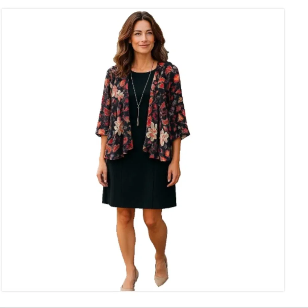 NWT Croft & Barrow Black Dress Size L Floral Jacket Necklace Set